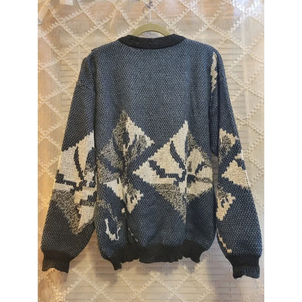 Vintage Mens Sweater Large Geometric Acrylic Cosby Preppy Old Money Aspen Lodge - Picture 5 of 16